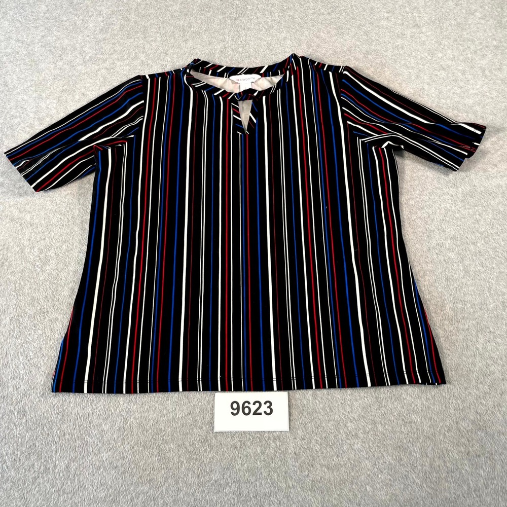 Liz Claiborne Blouse Top Womens Large Black Striped Nylon Stretch Keyhole Neck